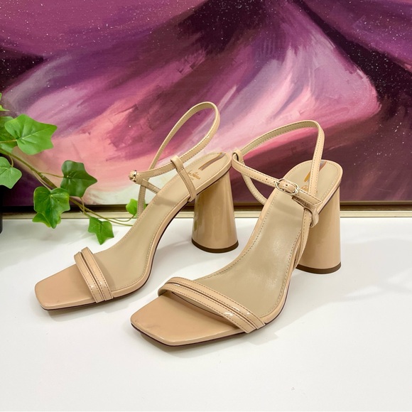 Sam Edelman Kit Block Heel Squared Open Toe Slingback Heeled Sandal Beige Patent - Picture 6 of 14